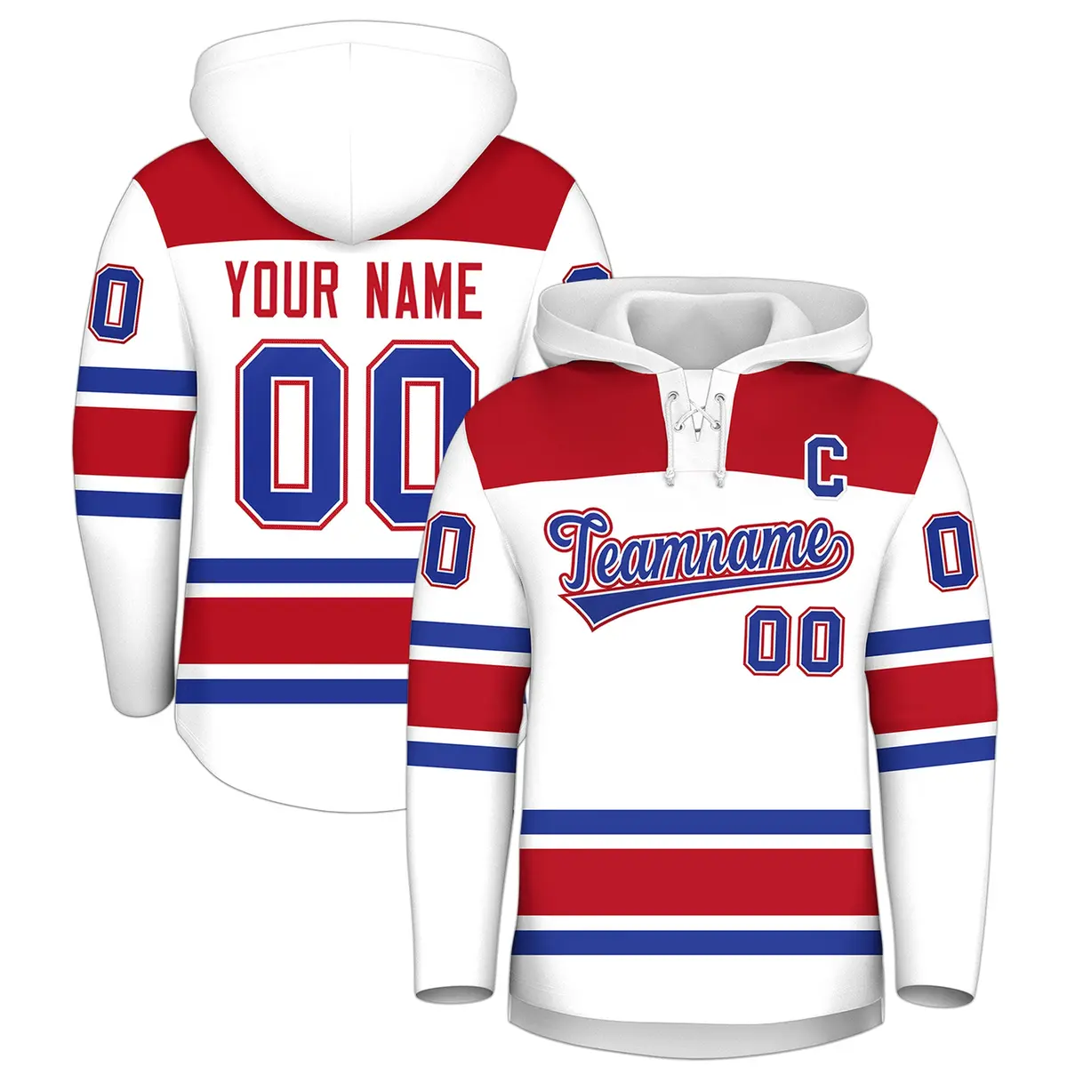 White Red Lace-Up Neck Raglan Hockey Hoodie Jersey