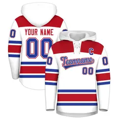 White Red Lace-Up Neck Raglan Hockey Hoodie Jersey 1