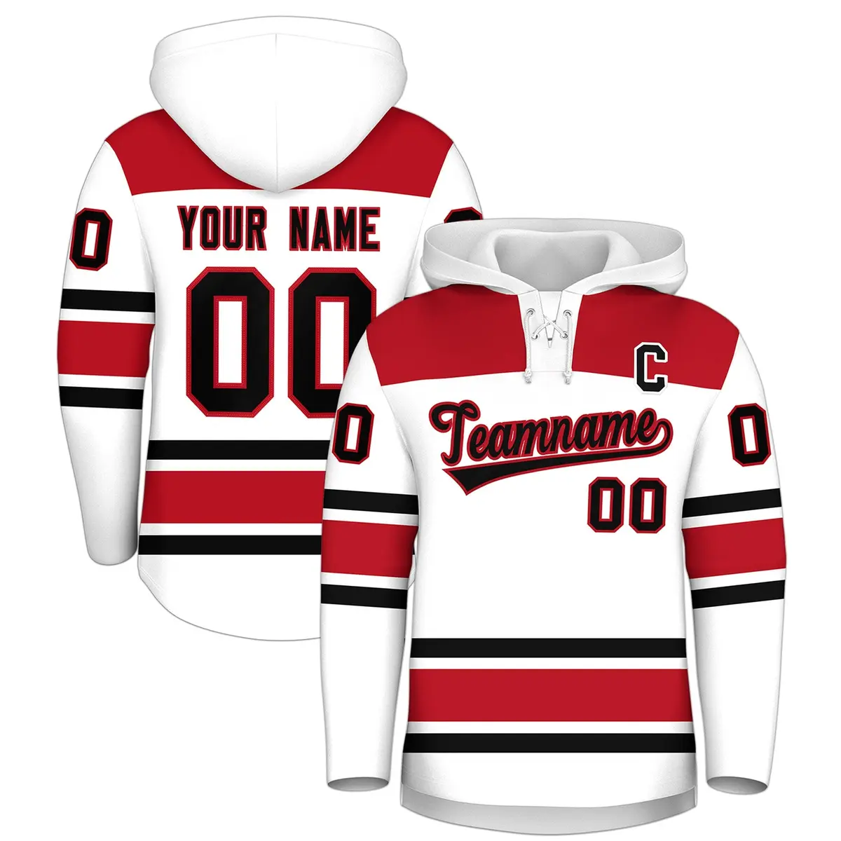 White Red Lace-Up Neck Raglan Hockey Hoodie Jersey