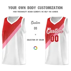 White Red Light Pink Diagonal Stripes Color Block Basketball Jersey 3