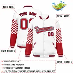 White Red-Navy Checkered Color Block Bomber Varsity Jacket 2