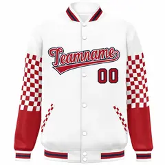 White Red-Navy Checkered Color Block Bomber Varsity Jacket 3
