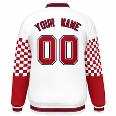 White Red-Navy Checkered Color Block Bomber Varsity Jacket 4