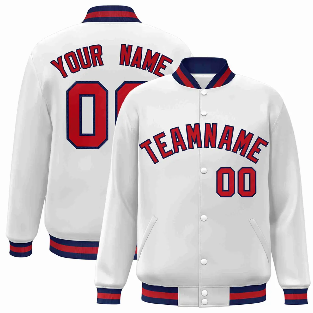 White Red-Navy Classic Varsity Full-Snap Letterman Jacket
