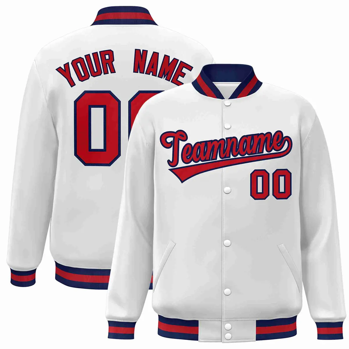 White Red-Navy Classic Varsity Full-Snap Letterman Jacket