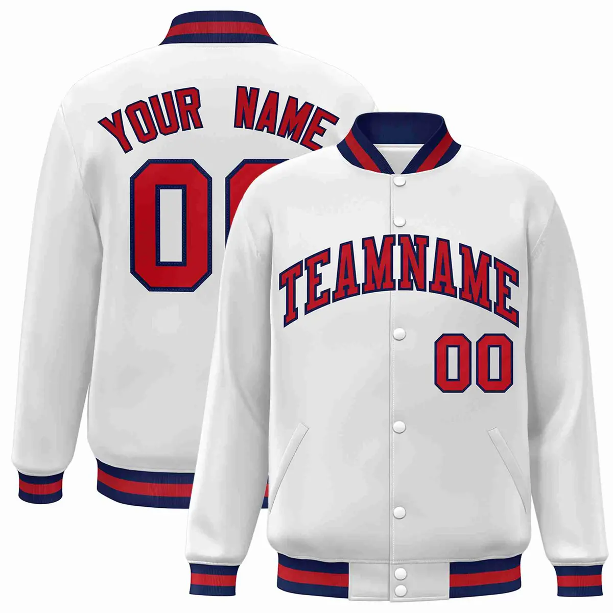 White Red-Navy Classic Varsity Full-Snap Letterman Jacket