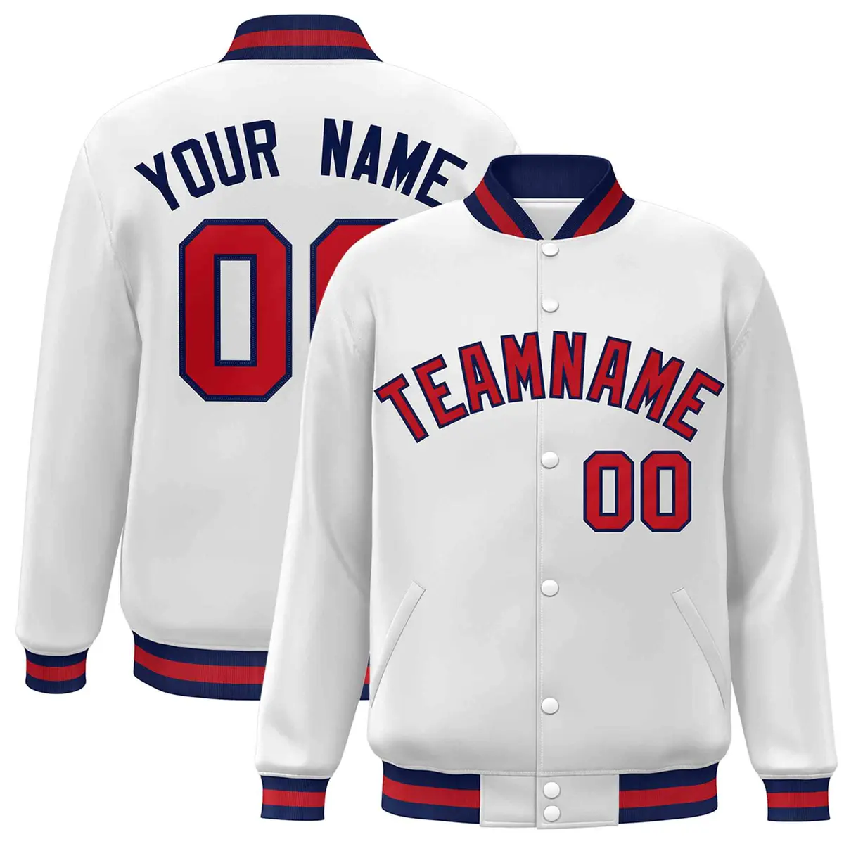 White Red-Navy Classic Varsity Full-Snap Letterman Jacket