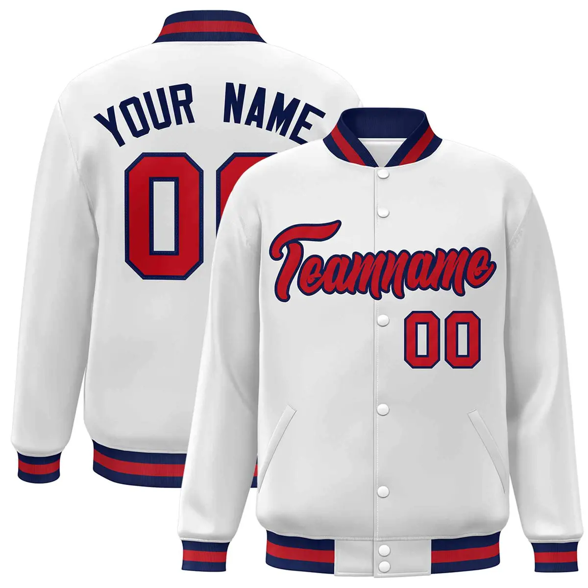 White Red-Navy Classic Varsity Full-Snap Letterman Jacket