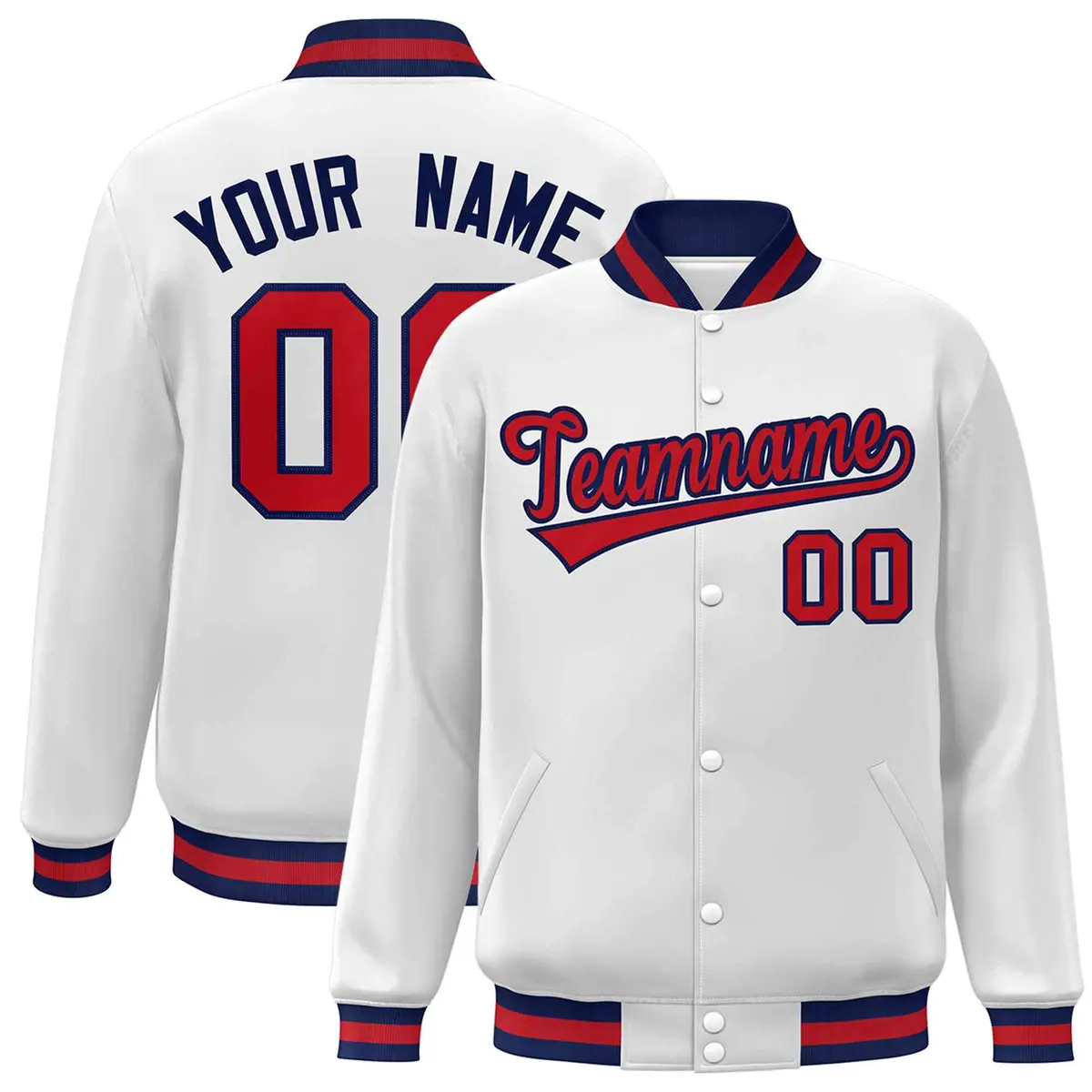 White Red-Navy Classic Varsity Full-Snap Letterman Jacket