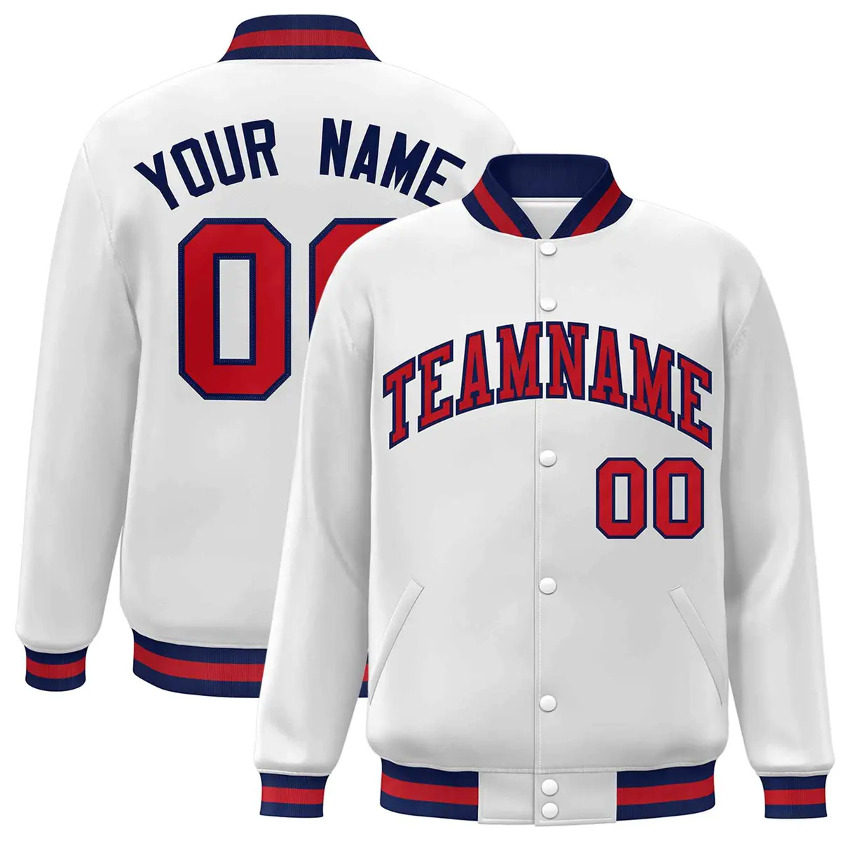 White Red-Navy Classic Varsity Full-Snap Letterman Jacket