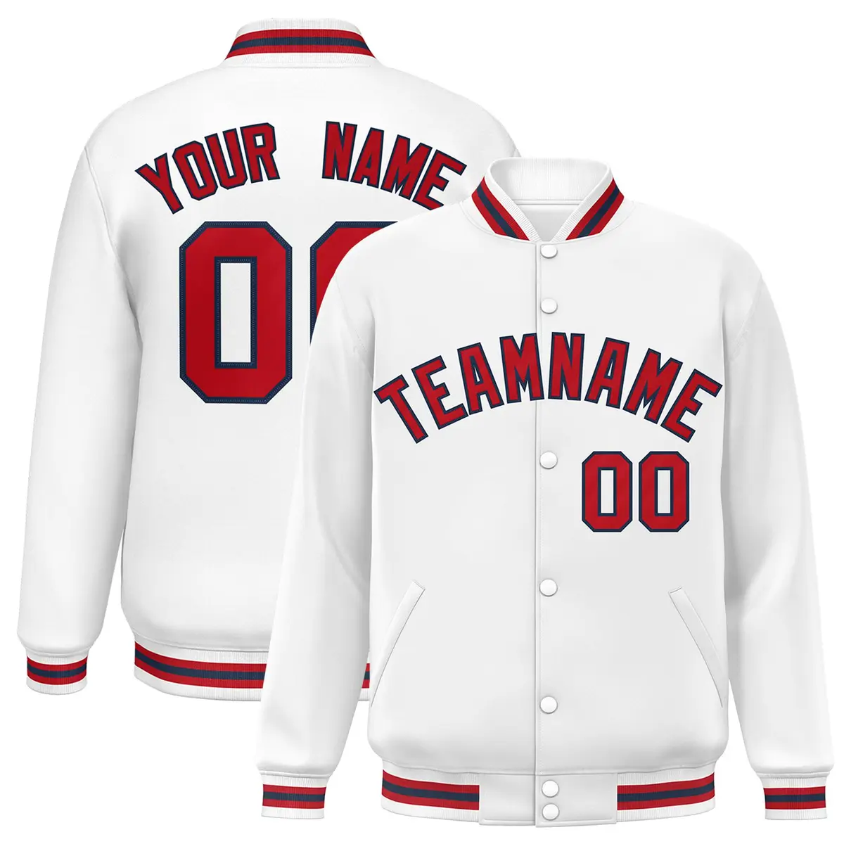 White Red-Navy Classic Varsity Full-Snap Letterman Jacket