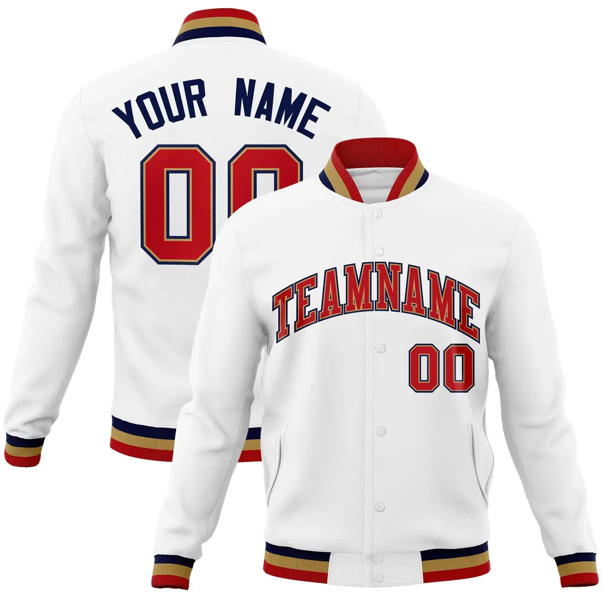 White Red-Navy Classic Varsity Full-Snap Letterman Jacket