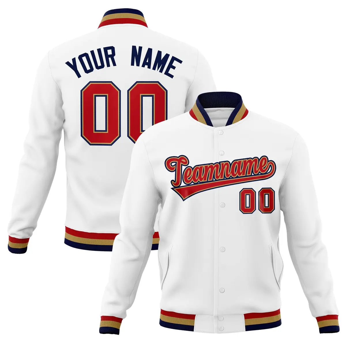 White Red-Navy Classic Varsity Full-Snap Letterman Jacket