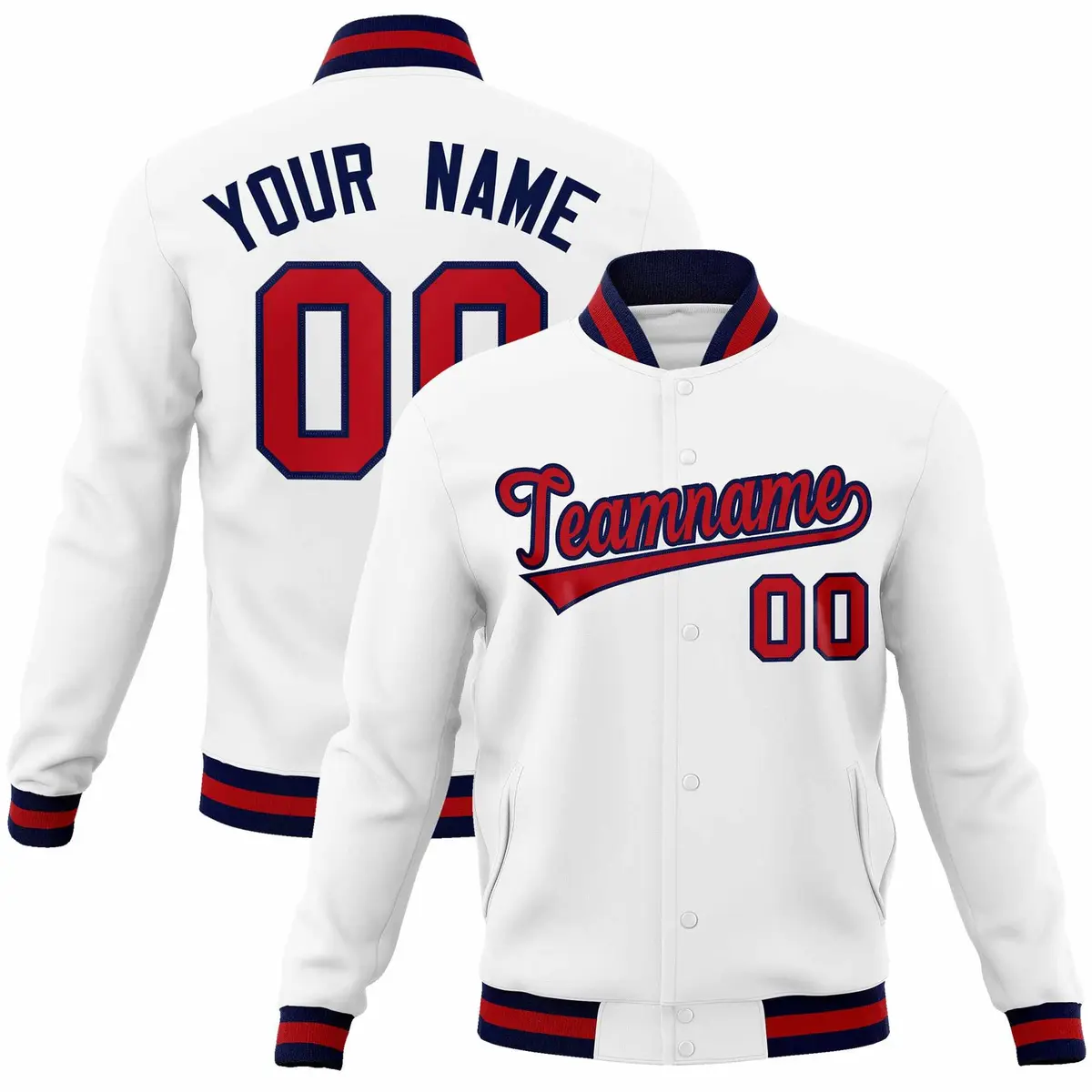 White Red-Navy Classic Varsity Full-Snap Letterman Jacket