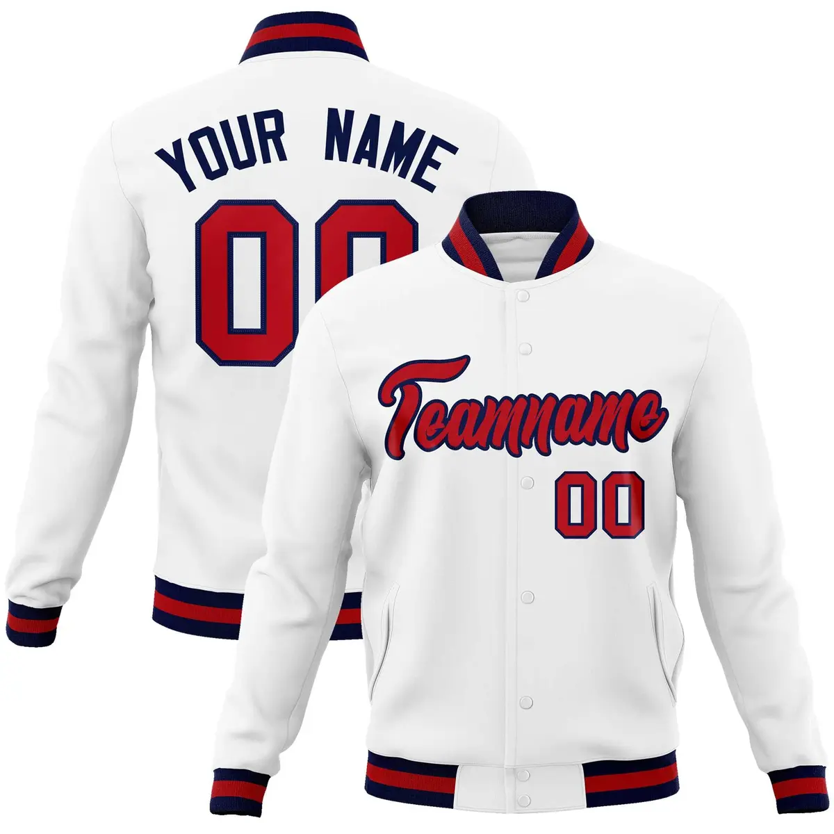 White Red-Navy Classic Varsity Full-Snap Letterman Jacket