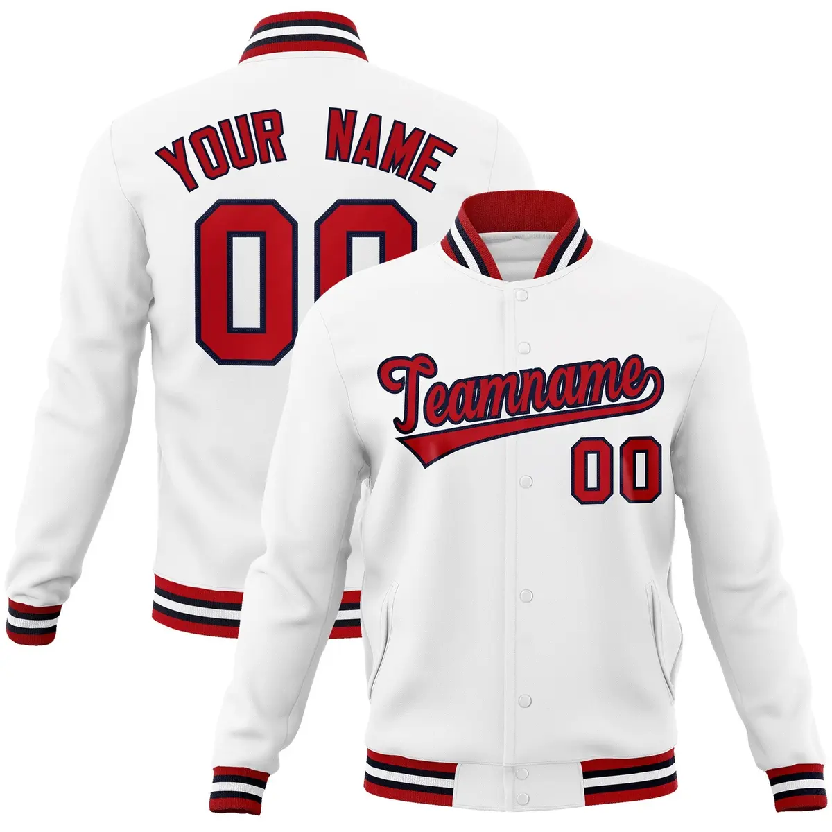 White Red-Navy Classic Varsity Full-Snap Letterman Jacket
