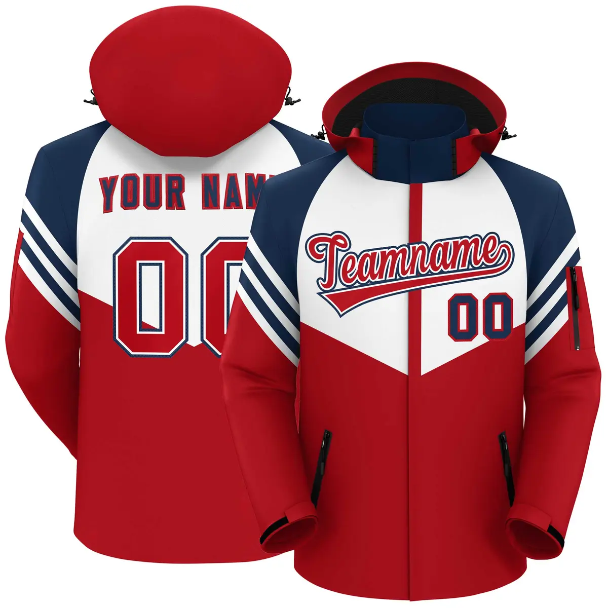 White Red-Navy Color Block Hooded Waterproof Jacket