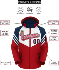 White Red-Navy Color Block Hooded Waterproof Jacket 2