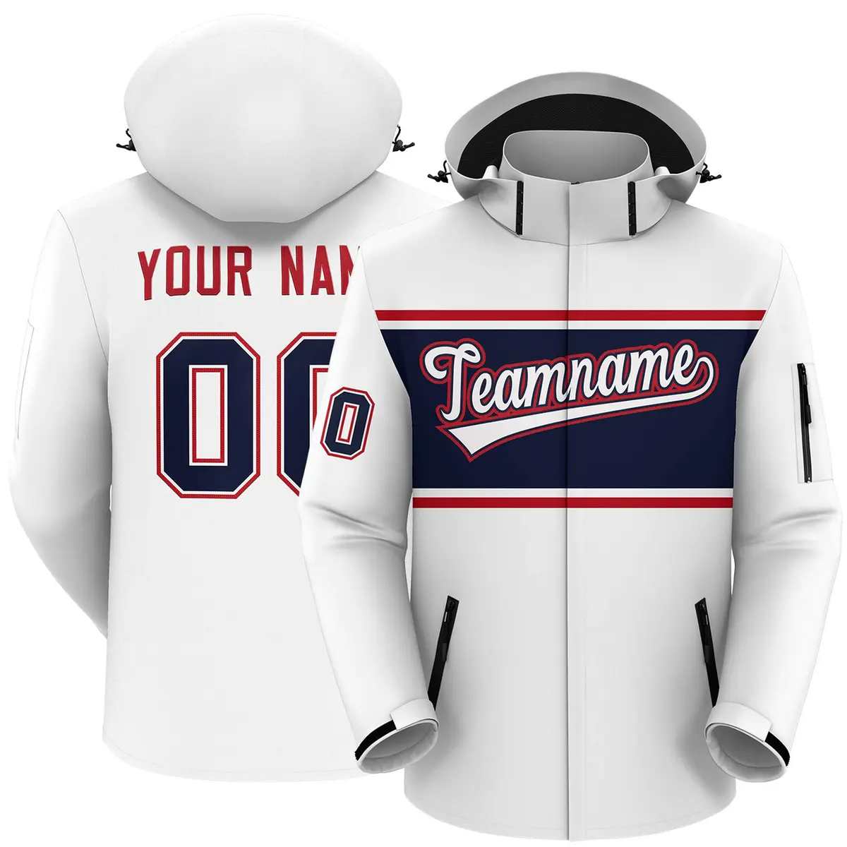 White Red-Navy Color Block Hooded Waterproof Jacket