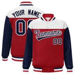 White Red-Navy Color Block Letterman Varsity Baseball Jacket