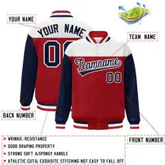 White Red-Navy Color Block Letterman Varsity Baseball Jacket 2
