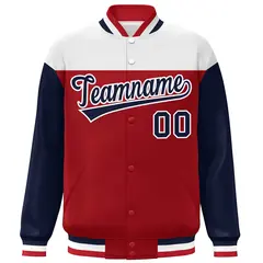 White Red-Navy Color Block Letterman Varsity Baseball Jacket 3