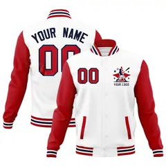 White Red Navy Raglan Full-Snap Letterman Cotton Jacket