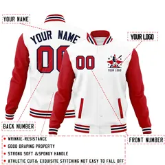White Red Navy Raglan Full-Snap Letterman Cotton Jacket 2