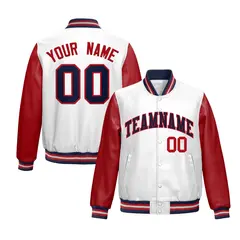 White Red Navy Raglan Full-Snap Varsity Faux Leather Letterman Jacket