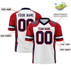 White Red-Navy Raglan Sleeves Side Pattern Football Jersey 2
