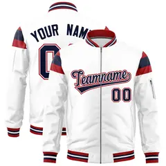 White Red-Navy Shoulder Color Block Full-Zip Varsity Letterman Jacket