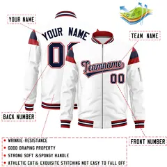 White Red-Navy Shoulder Color Block Full-Zip Varsity Letterman Jacket 2