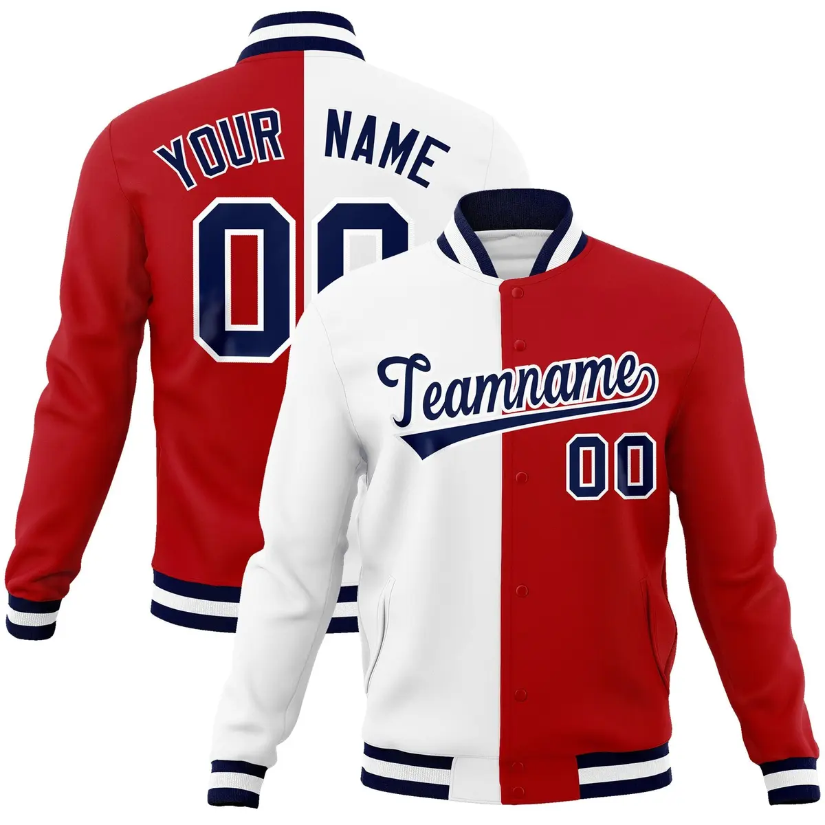 White Red Navy Split Varsity Full-Snap Letterman Jacket