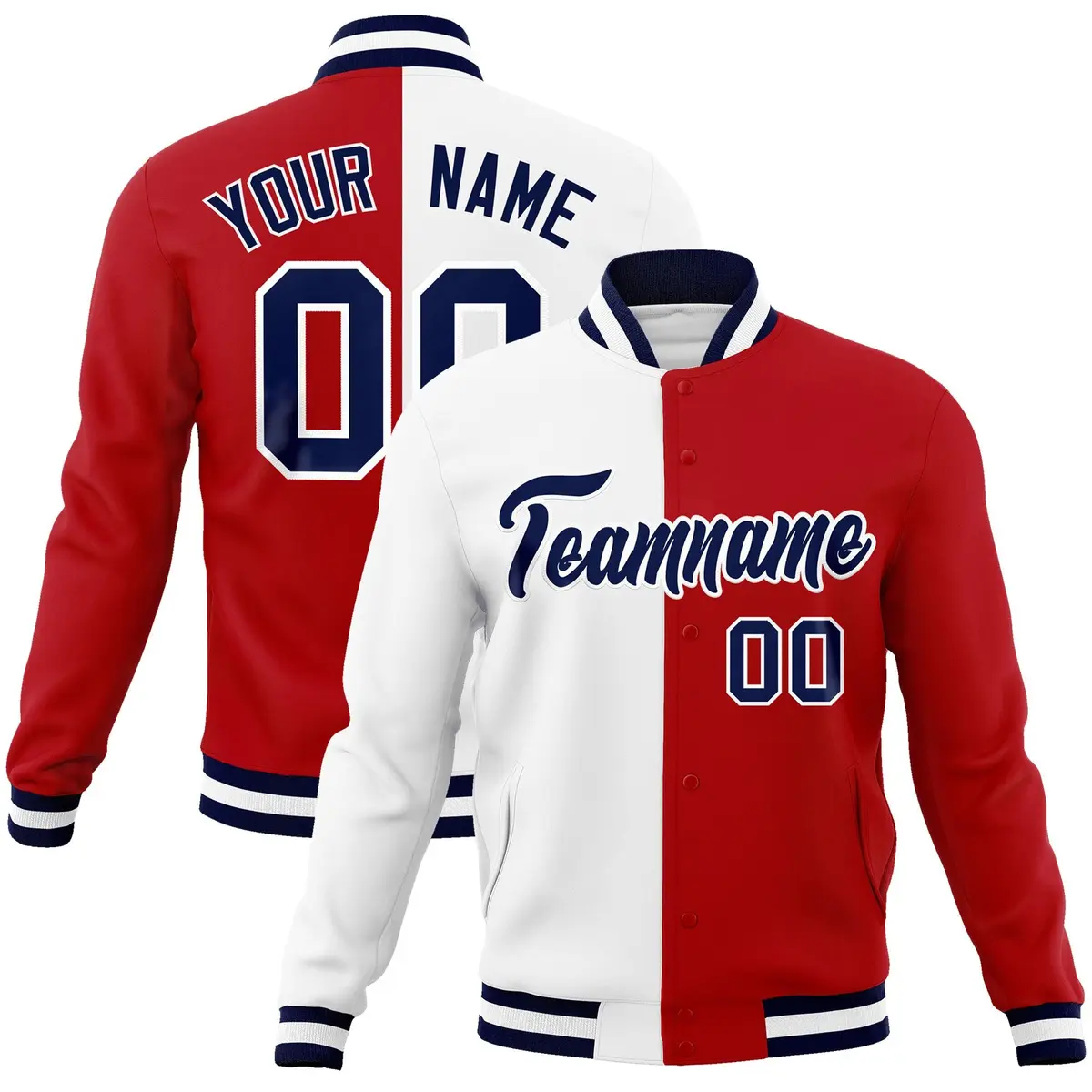 White Red Navy Split Varsity Full-Snap Letterman Jacket