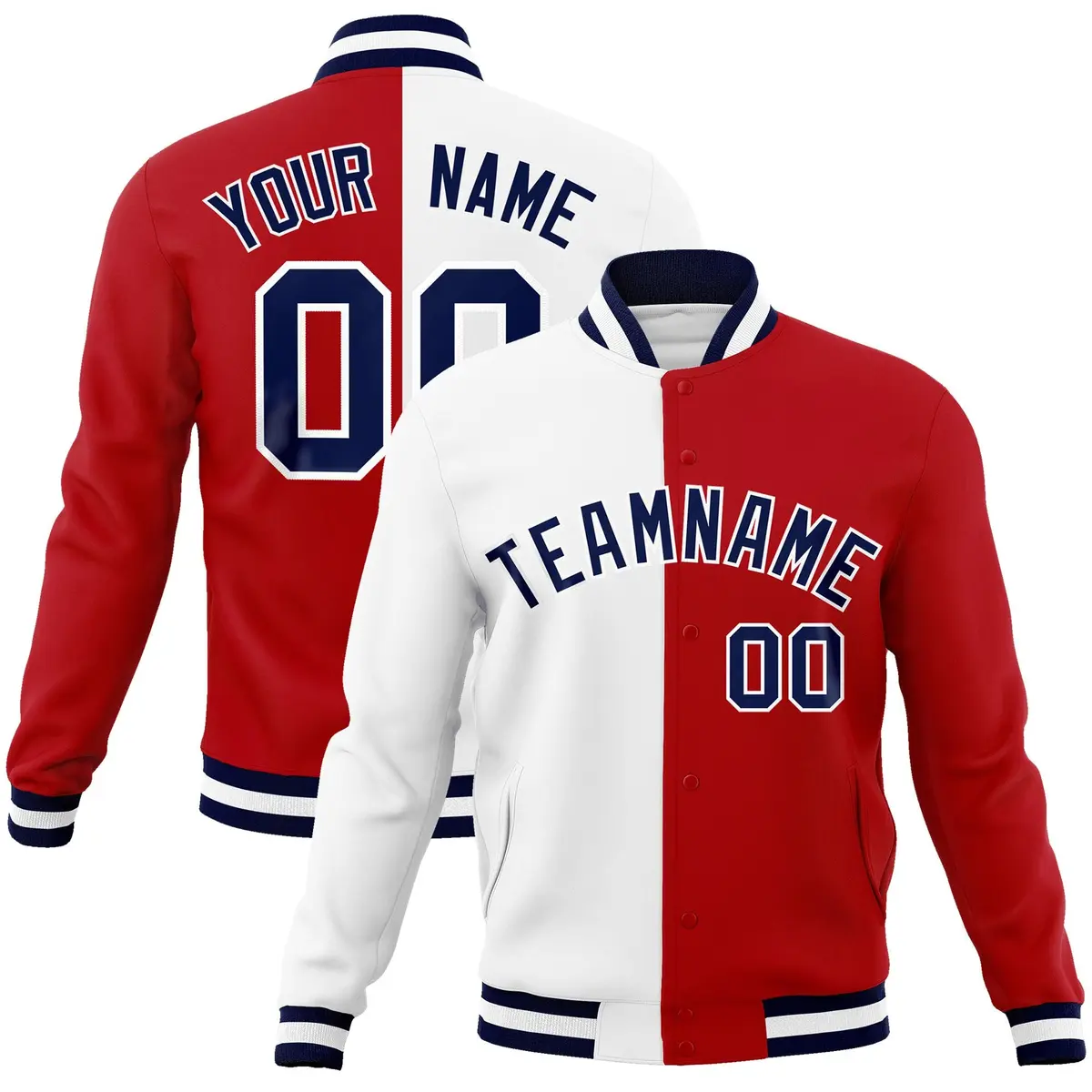 White Red Navy Split Varsity Full-Snap Letterman Jacket