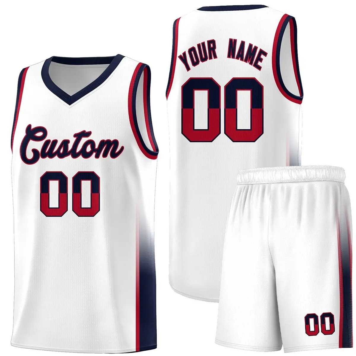 White Red Navy Two Tone Font Basketball Jersey