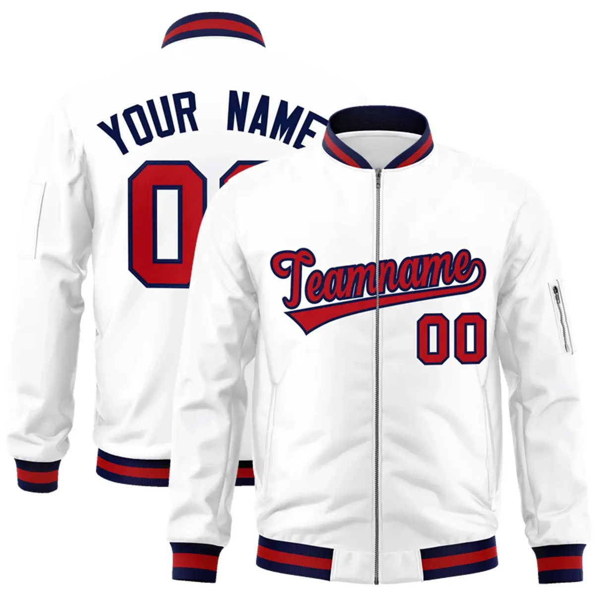 White Red-Navy Varsity Full-Zip Letterman Bomber Jacket