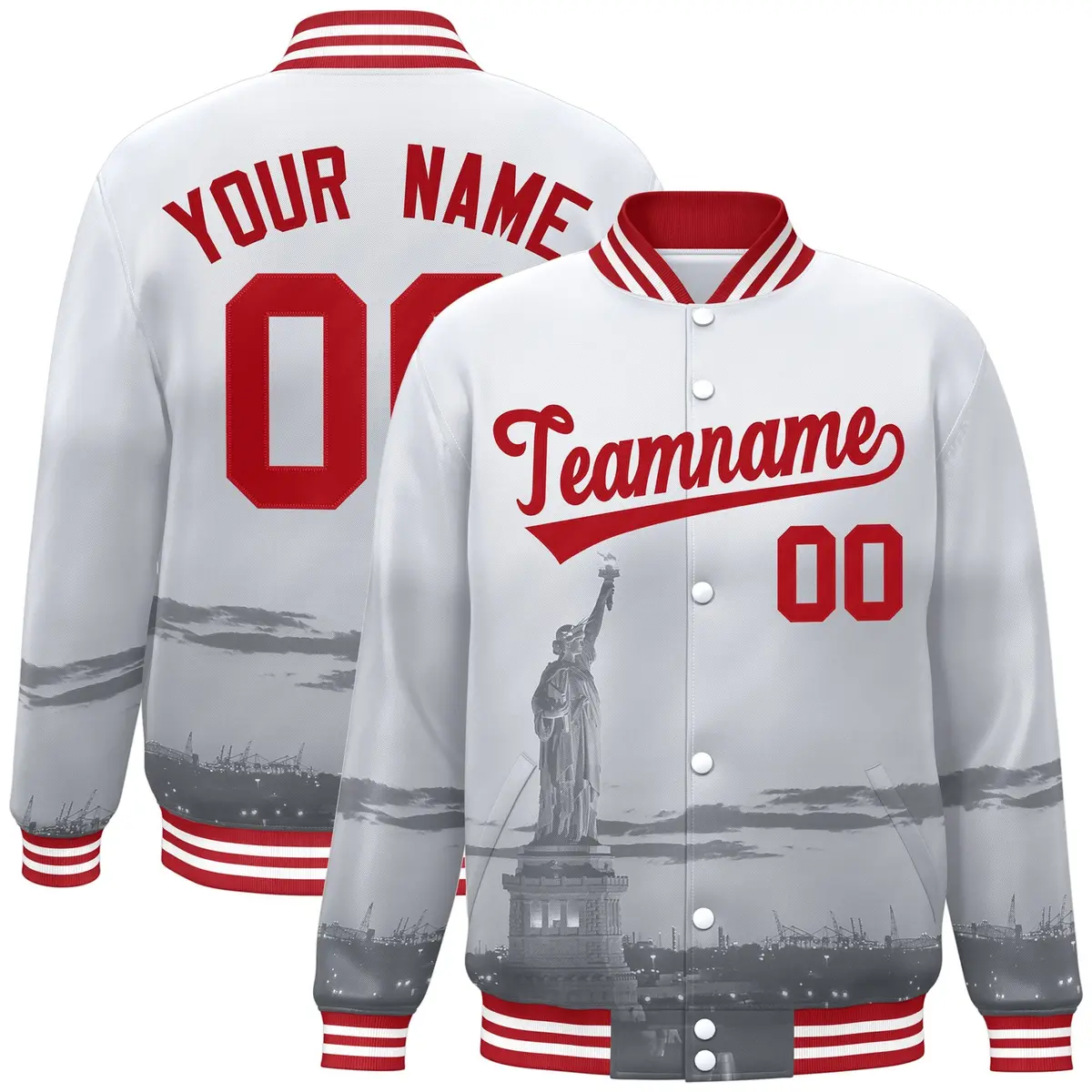 White Red New York City Skyline Track Varsity Full-Snap Jacket