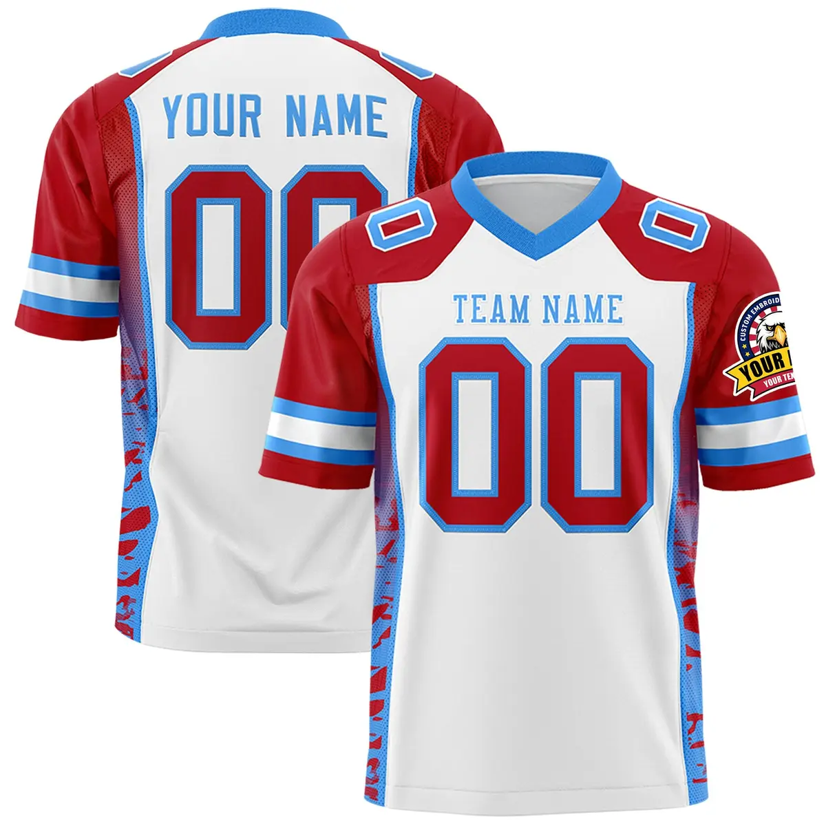 White Red-Powder Blue Raglan Sleeves Side Pattern Football Jersey