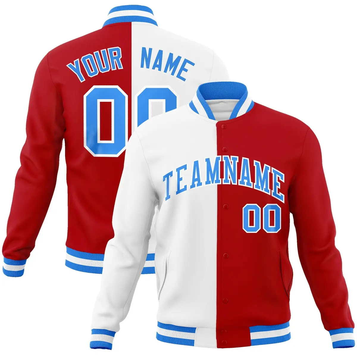 White Red Powder Blue Split Varsity Full-Snap Letterman Jacket