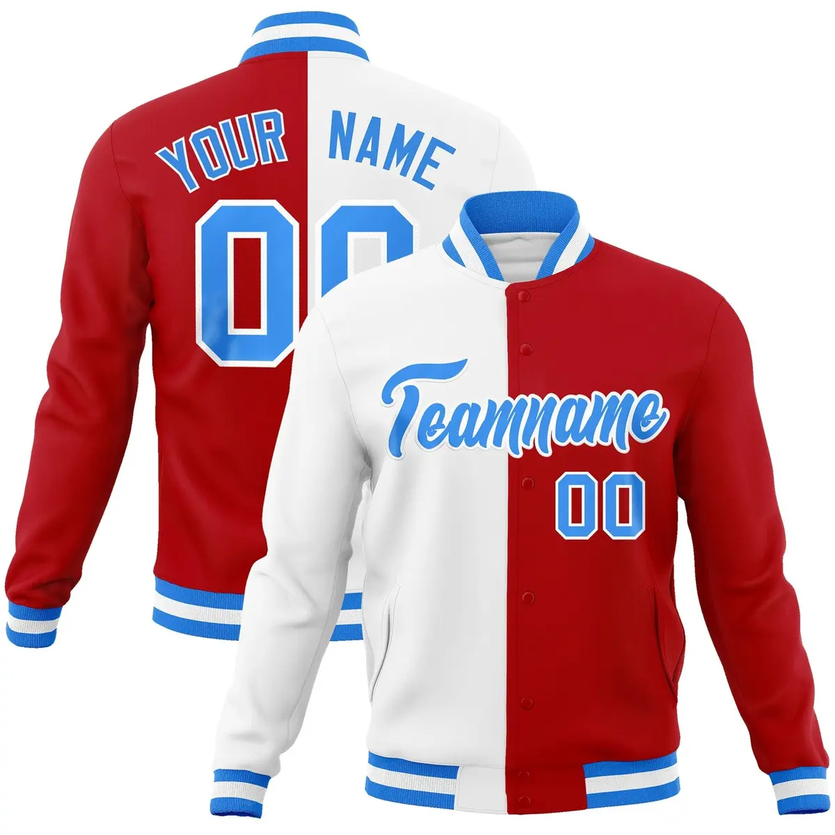 White Red Powder Blue Split Varsity Full-Snap Letterman Jacket