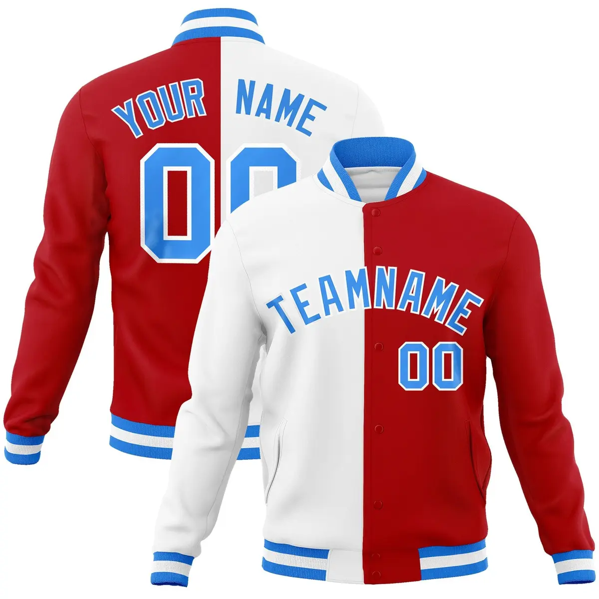 White Red Powder Blue Split Varsity Full-Snap Letterman Jacket