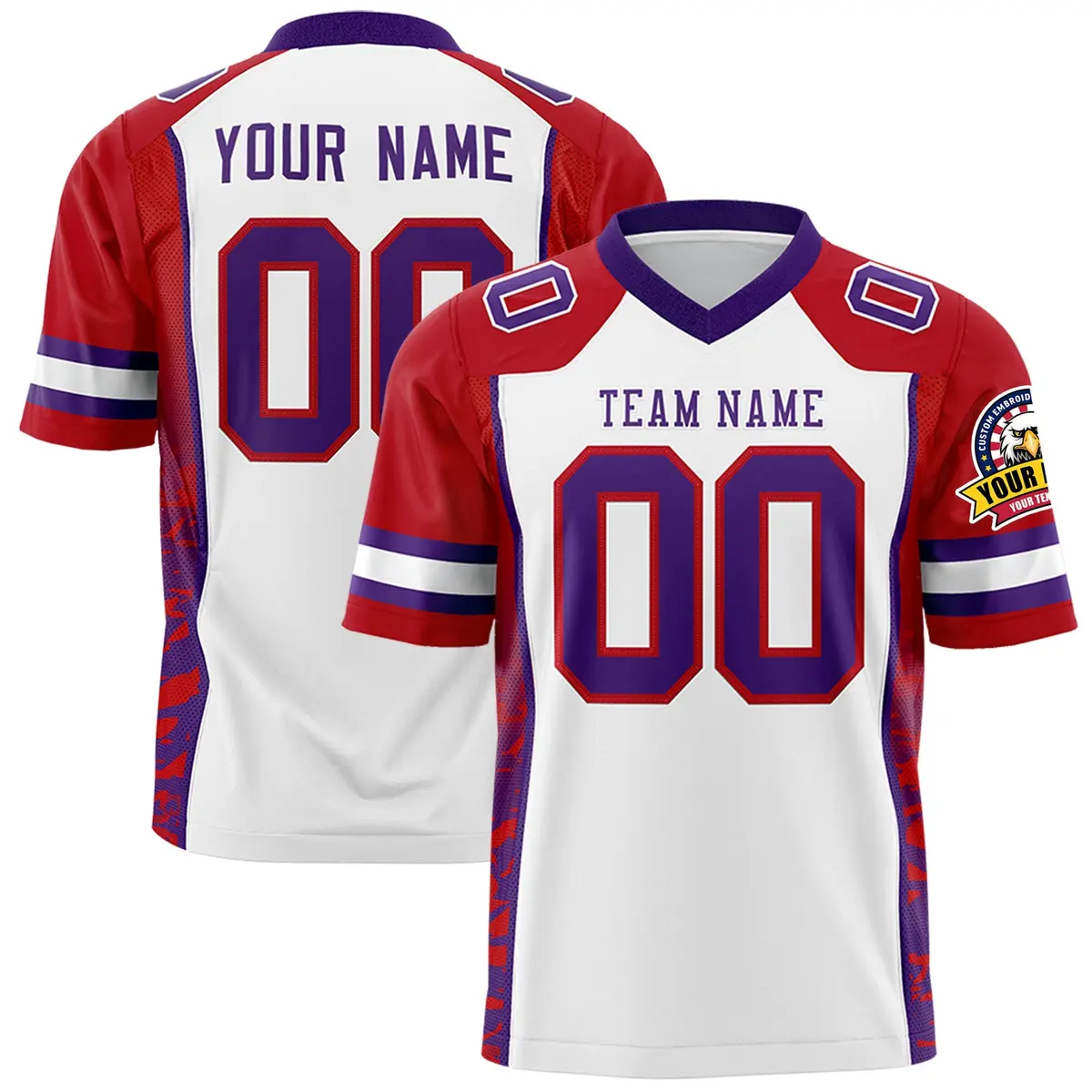White Red-Purple Raglan Sleeves Side Pattern Football Jersey