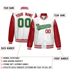 White Red Raglan Full-Snap Varsity Faux Leather Letterman Jacket 2
