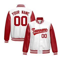 White Red Raglan Full-Snap Varsity Faux Leather Letterman Jacket 1