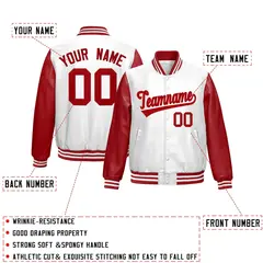 White Red Raglan Full-Snap Varsity Faux Leather Letterman Jacket 2