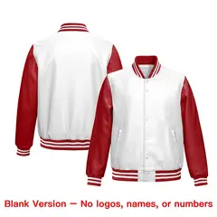 White Red Raglan Full-Snap Varsity Faux Leather Letterman Jacket 6