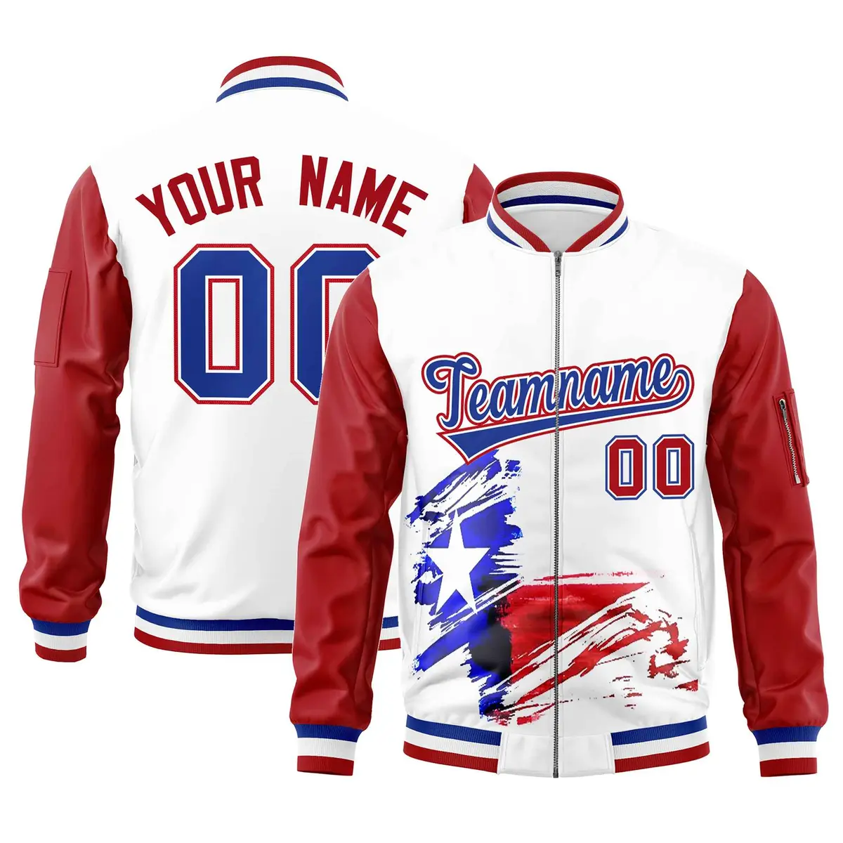 White Red Raglan Full-Zip Texas Patterns Letterman Bomber Jacket