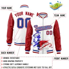 White Red Raglan Full-Zip Texas Patterns Letterman Bomber Jacket 2