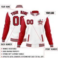 White Red Raglan Sleeves Full-Snap Cotton Letterman Jacket 2